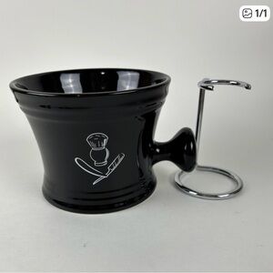 CLASSIC SHAVING MUG - APOTHECARY STYLE, BLACK PORCELAIN WITH BRUSH STAND